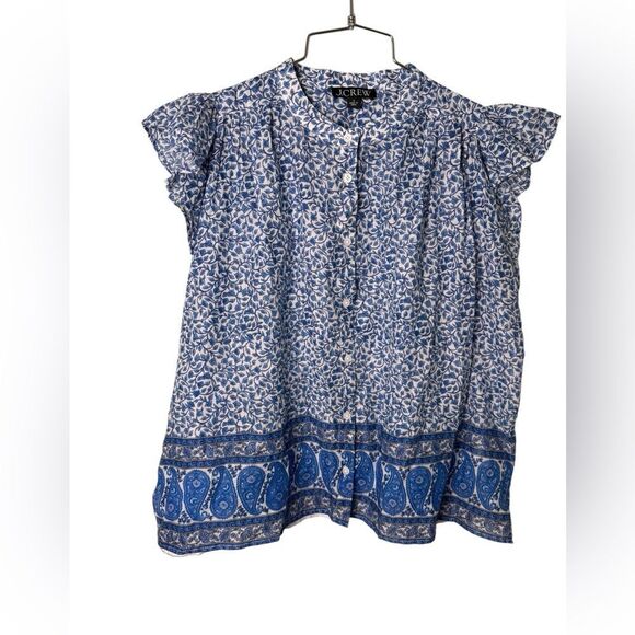 J.Crew Flutter-sleeve button-up shirt in bandana block print Blue Small - Picture 3 of 7